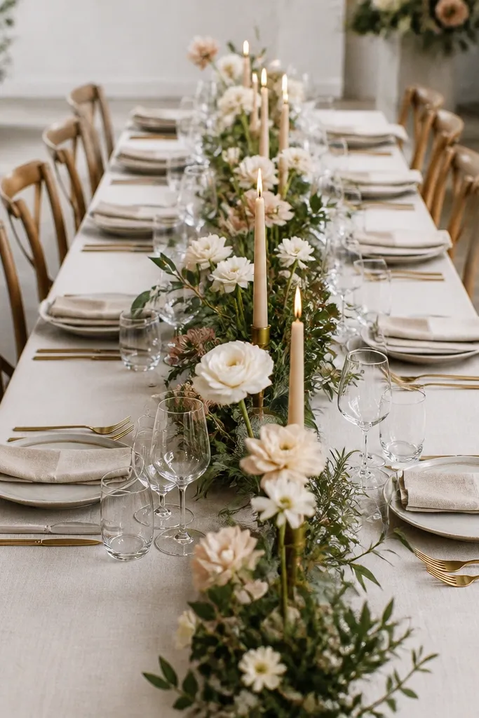 A long table where left and right place settings are staggered slightly, creating a rhythm; candles and florals sit in the center line.