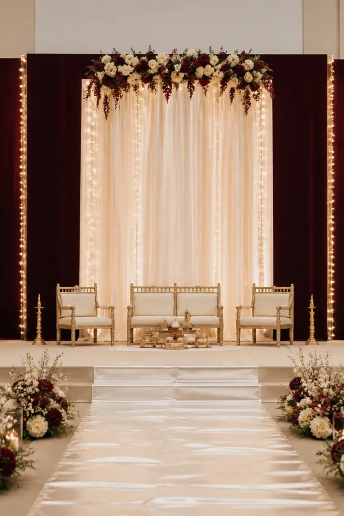 A wedding stage backdrop where deep maroon velvet panels form a tall central wall, and ivory sheer fabric overlays the center in soft vertical folds. Warm golden fairy lights trace the edges, with a simple floral arrangement in maroon and cream at the top center. The stage floor has an ivory satin runner leading toward the mandap.