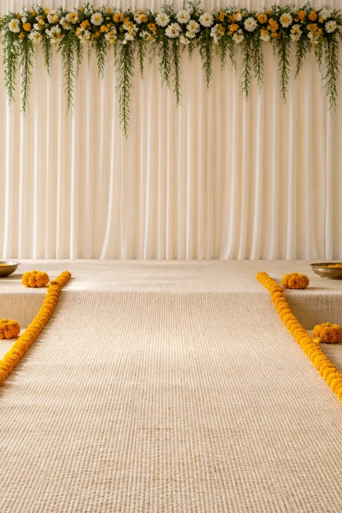 A stage floor covered in textured ivory jute fabric. Along both sides of the runner is a neat marigold garland border, with small marigold clusters at intervals. The backdrop is simple with a cream drape and a minimal floral top arrangement.
