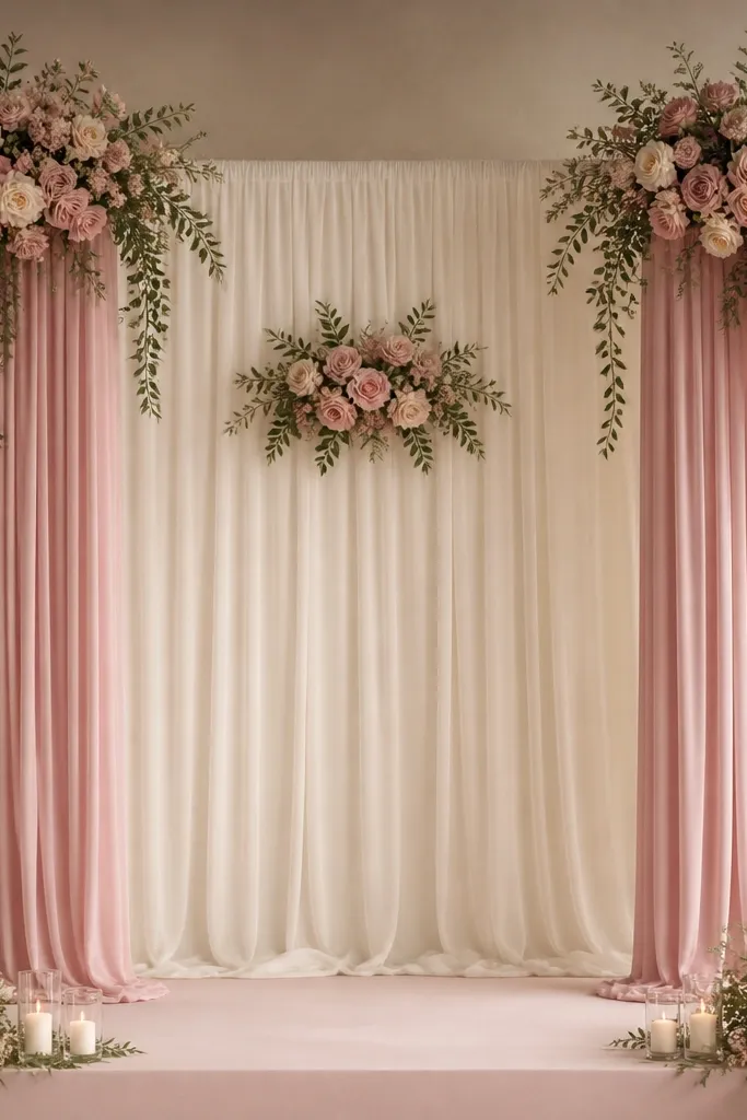 Two tall side frames on the stage wrapped in rose pink fabric. Each side has a cascading arrangement of rose pink and blush flowers hanging from the top, with trailing greenery. The center backdrop is a neutral ivory drape with a small floral cluster.