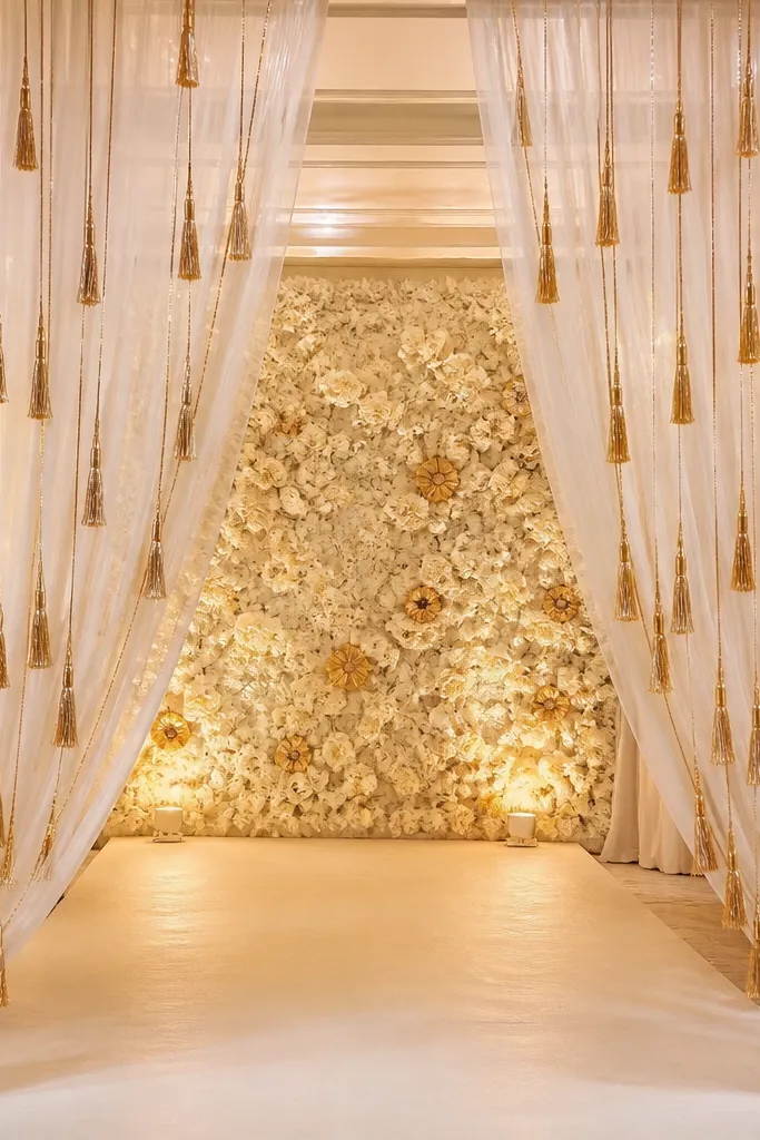 A curtain entrance made from white sheer panels with long gold tassels hanging in vertical lines. The tassels shimmer under warm stage lights. Behind the curtain is a simple floral wall in white and soft gold.