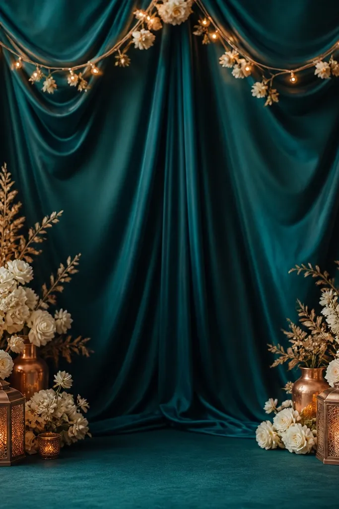 A deep teal silk drape backdrop with soft folds and a subtle sheen. Antique copper string lights run along the top edges and down the sides. The floral accents are in ivory and light gold, with small copper-toned candle holders or lanterns at the front corners.