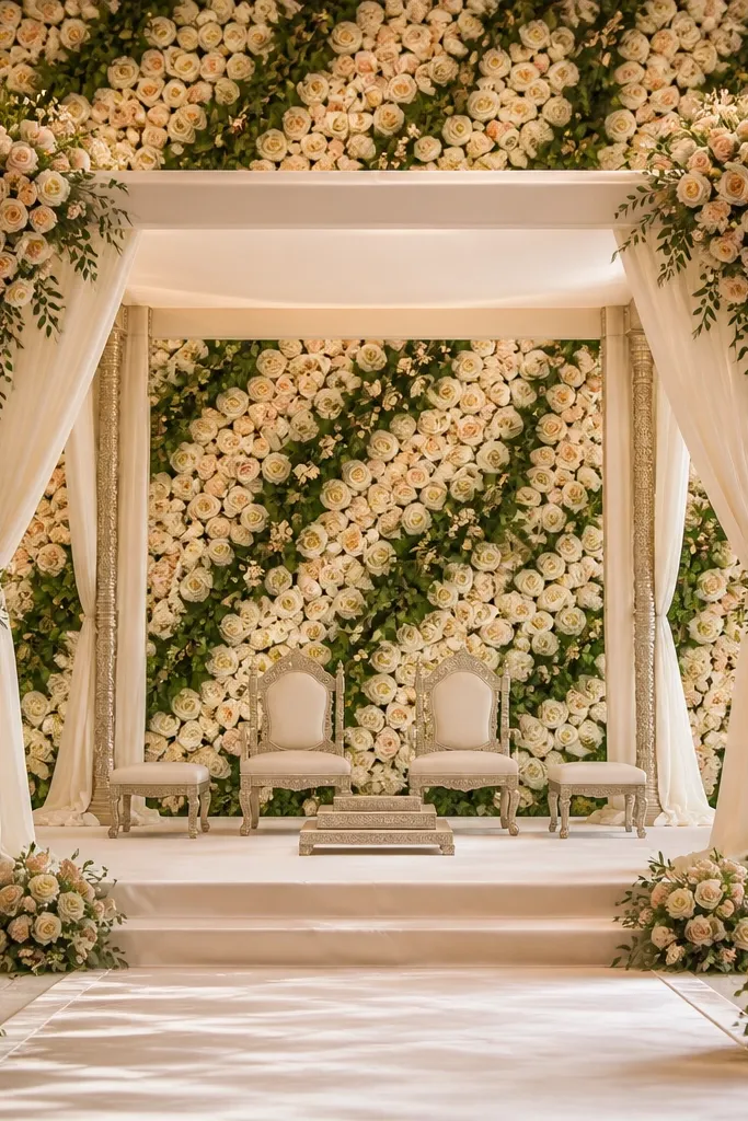 A full floral wall behind the mandap made with ivory and peach roses. Between the rose clusters are long green vein leaves that create a natural pattern. The stage has an ivory satin runner and small peach rose bouquets at the corners.