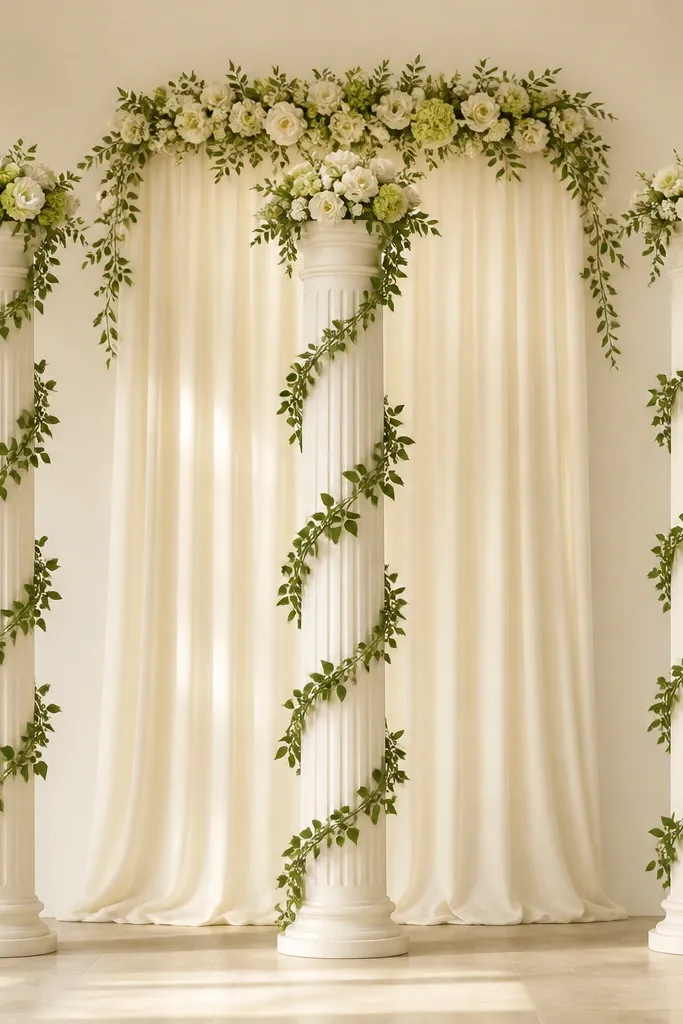 Three tall pillar-like structures painted in ivory with green leaf garlands wrapped vertically. Each pillar has a small top crown of flowers in white and light green. The center backdrop is an ivory drape with a simple floral arch at the top.