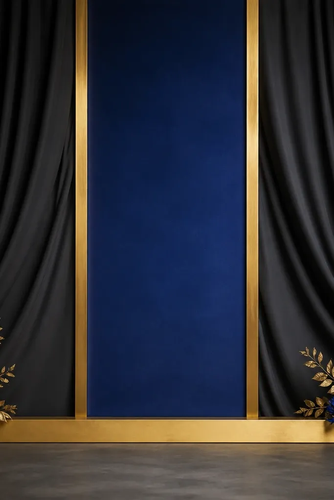 A charcoal draped backdrop with a royal blue center panel framed by gold metallic strips. The stage has a low gold border along the floor and small blue and gold flower clusters on the sides.