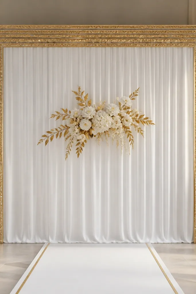 A white draped center backdrop bordered with golden gota patti trim. The border is made from layered gota strips, and the center has a simple floral cluster in white and gold. The stage floor has a white runner with a thin gold line.