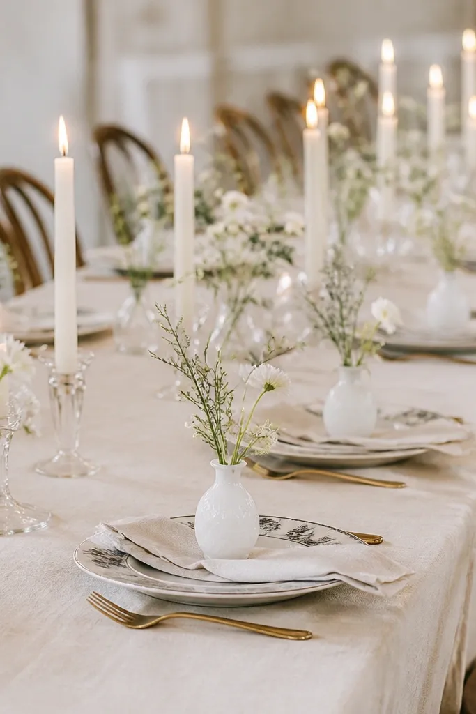 A long banquet table with off-white cream linen. Each place setting has a folded cream napkin and a small milk-glass bud vase holding 2-3 stems of wildflower-like greens and tiny white blooms. Antique brass cutlery sits beside white transferware-style plates. Tapers in clear glass holders glow at the center.