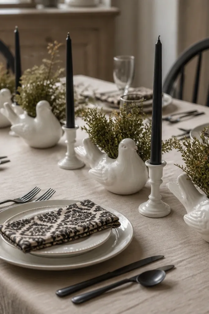 Damask napkins in black-and-cream are folded into a crisp rectangle and placed at each setting. White ceramic planters shaped like small pigeon figures hold tiny faux or dried greenery. The centerpiece has black taper candles in white holders and a row of small planters.
