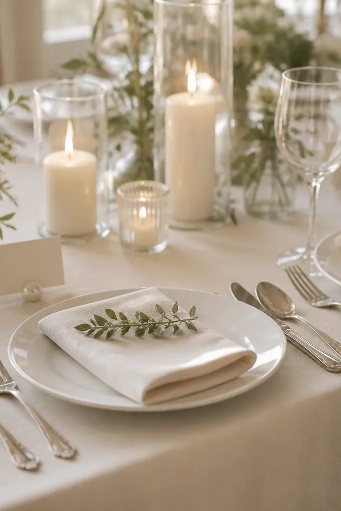 Ivory linen tablecloth and napkins with a soft matte texture. Antique silver forks and spoons sit beside white plates. Place cards are displayed on small pearl-tinted holders, and the center has a few ivory candles in glass sleeves.