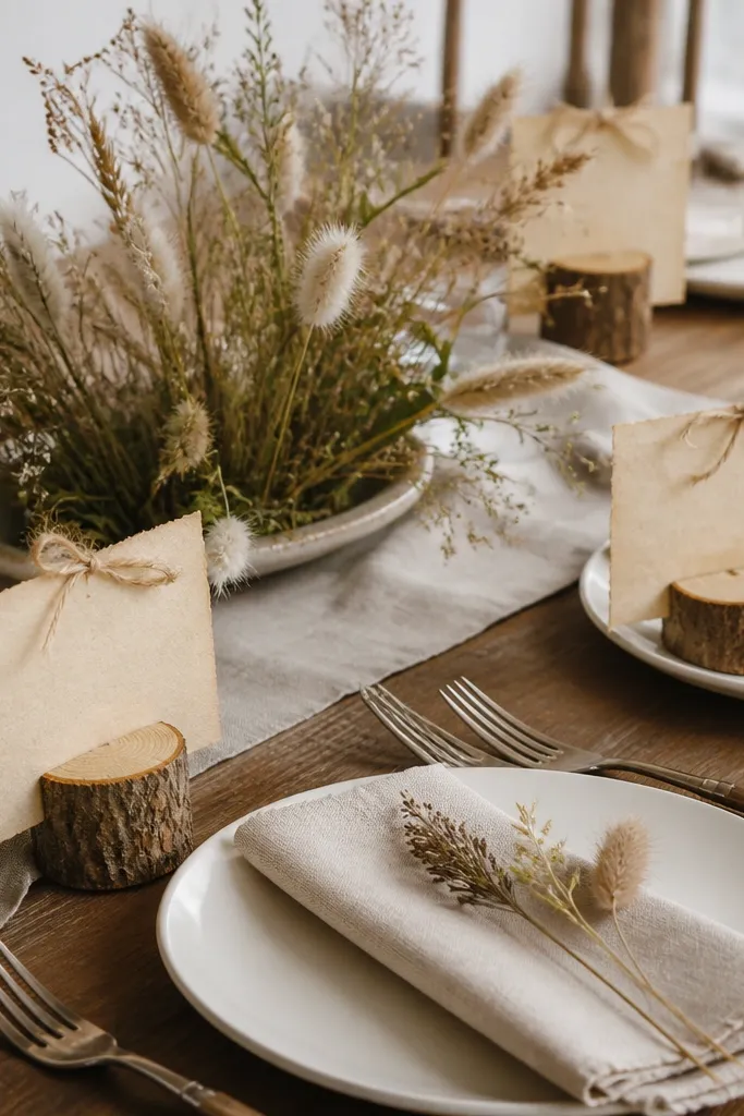 Rustic wood slice place card holders with parchment-style cards tied by twine. Place settings include neutral linen napkins and simple white plates. The centerpiece has a low bundle of wild grasses arranged in a shallow ceramic tray.