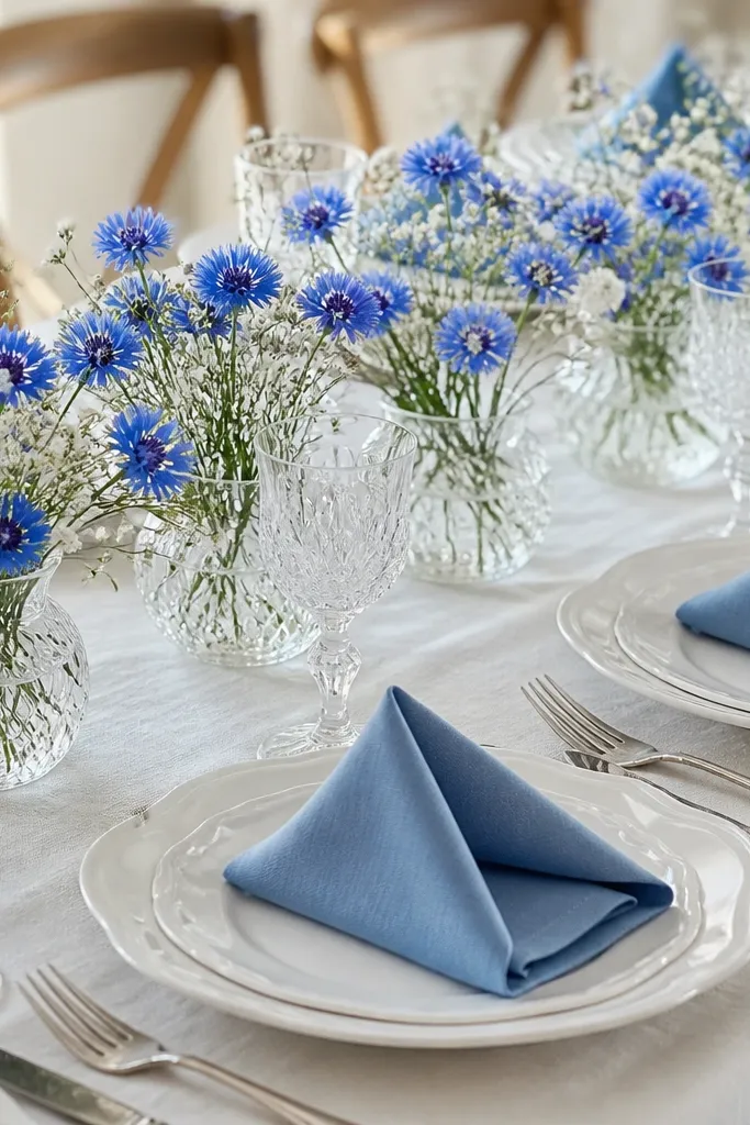 White plates with cornflower blue napkins folded in a classic fold. Vintage-looking crystal goblets sit near each setting. The centerpiece is a row of small crystal vases with cornflower-like blue blooms and white baby's breath.