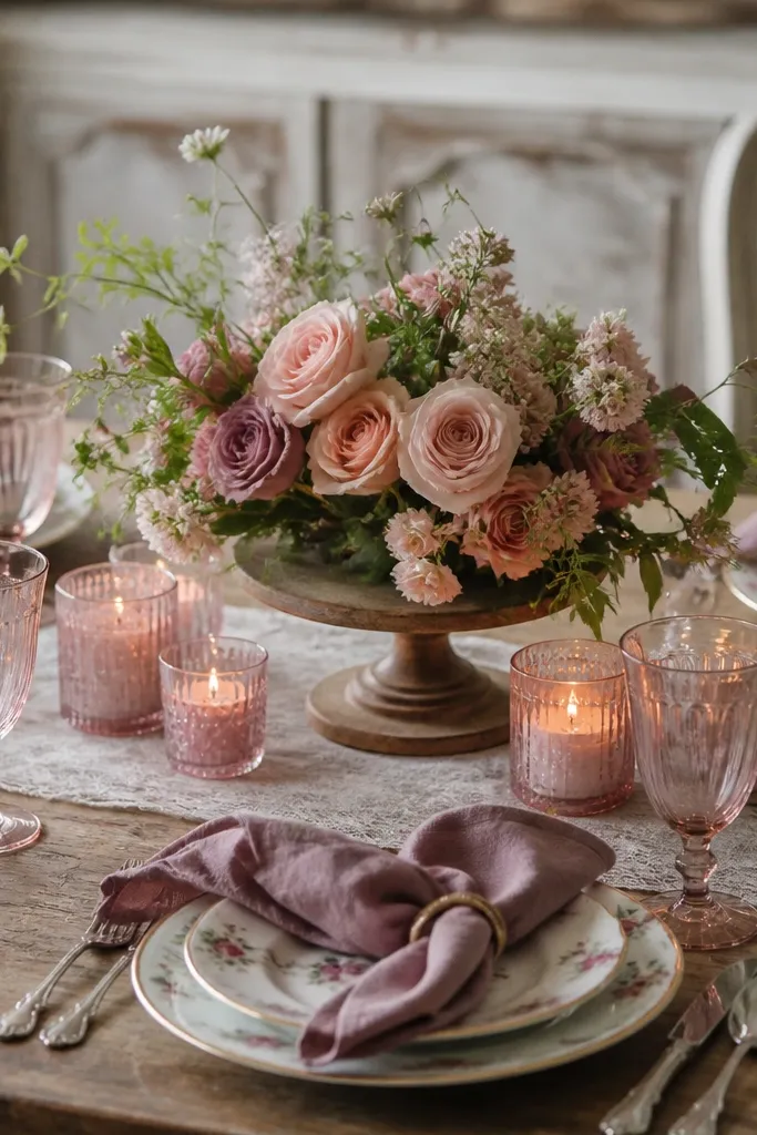 Dusty mauve napkins placed at each setting with antique rose-pattern china plates mixed in the same family. A small round cake stand holds a low floral arrangement in the center, with tea roses and greenery. Pink-tinted candles sit around the stand.