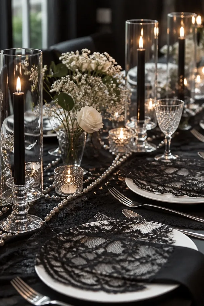 White plates under black lace table runners and lace overlays at each place setting. Tiny pearl-bead garlands are draped along the runner and around small candle holders. Black taper candles glow in clear glass.