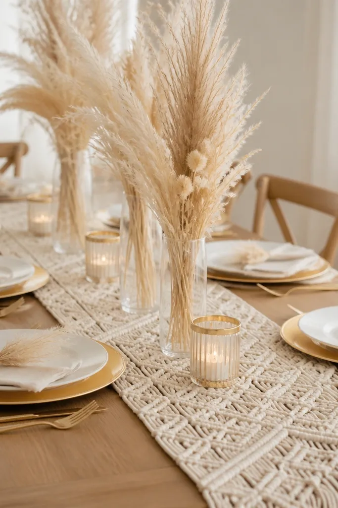 An ivory macramé runner runs down the table. Gold-rim chargers sit under white plates. Dried pampas grass tips in cream tones are arranged in tall, thin vases at the center. Gold-rim votive holders glow with candles.