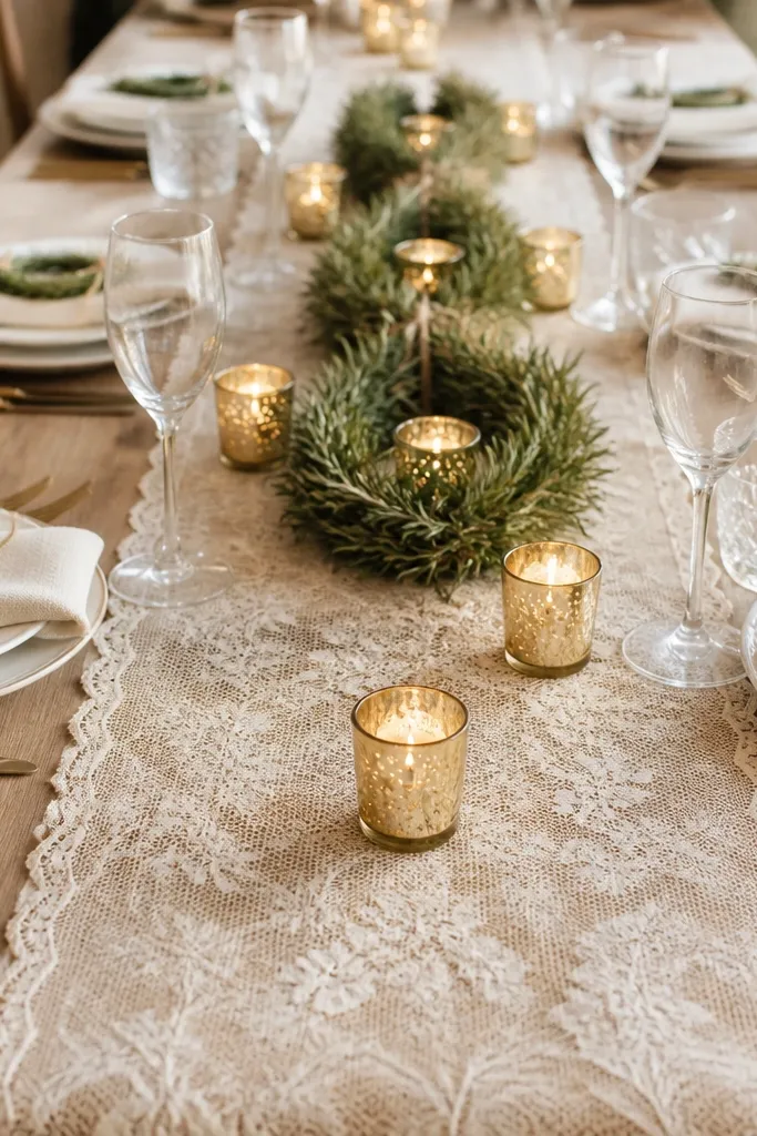 A champagne lace table runner stretches down the center. Small gold votives sit at intervals. Each place setting has a tiny rosemary wreath tied with twine near a cream napkin. The centerpiece is a low row of rosemary wreaths and gold votives.