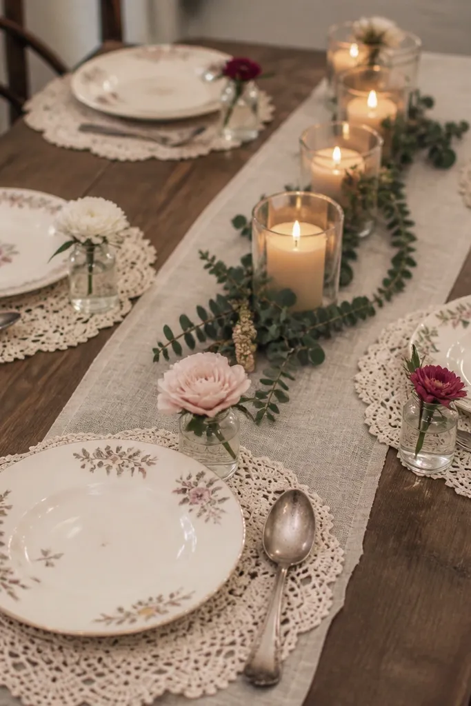 Cream lace doilies lay under each plate like place mats. Antique spoons are slightly mismatched across settings. Tiny jam jars hold one small bloom each. The table has a simple neutral runner and a low centerpiece of candles.