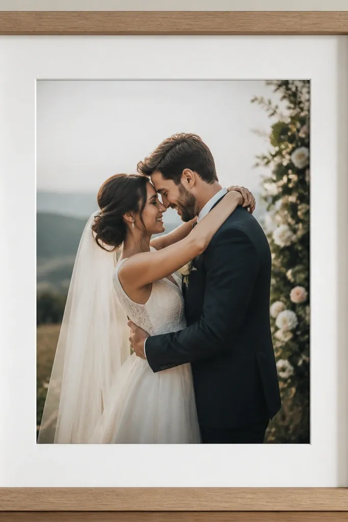 A white mat inside a wedding card frame with the card centered, showing a consistent 3mm gap around the edges; the card looks like it's floating with no contact to the glass.