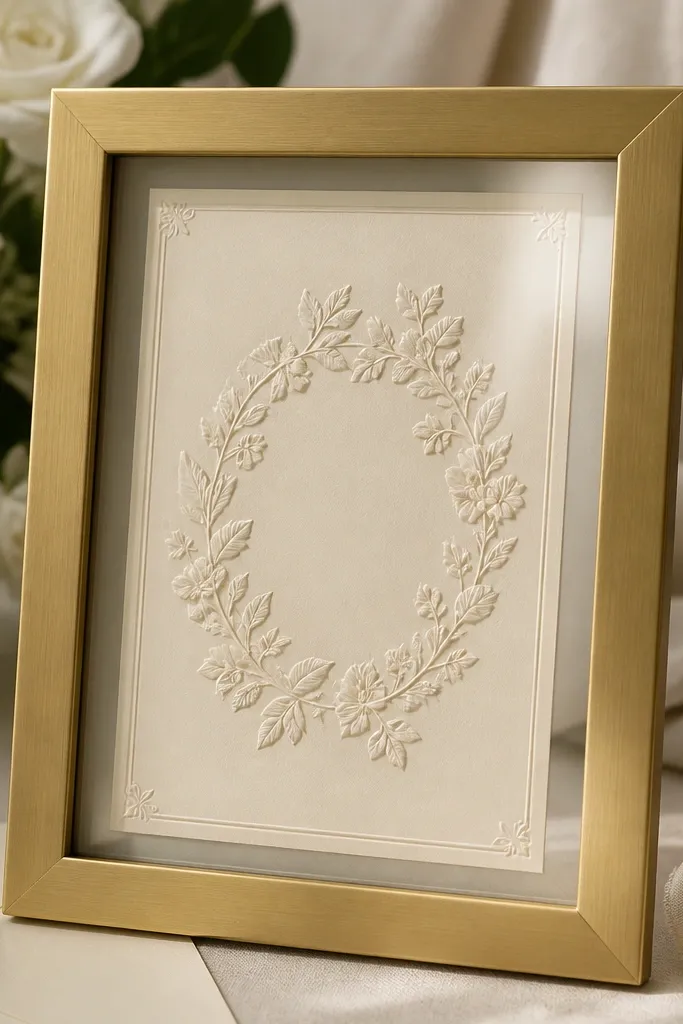 A brushed brass wedding card frame with a subtle sheen; inside, the card shows raised lettering, and the glass reflection is soft, not mirror-like.