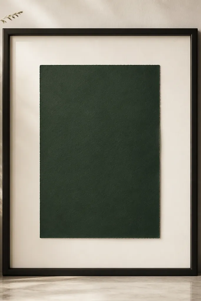 An off-white mat inside a simple black frame; a dark green wedding card sits centered with a soft border that brightens the paper tone.