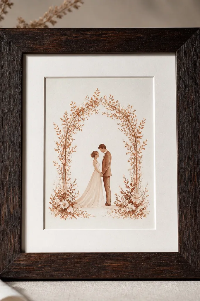 A black-brown wood frame with visible warm undertones; inside is a wedding card with copper and warm brown ink, centered on a light mat.