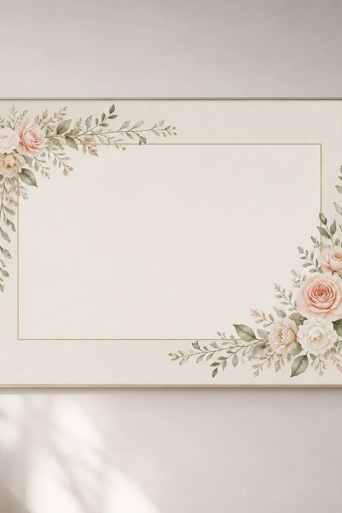 A wide wedding card frame mounted on a wall with a very slight correction in angle; the card appears centered and straight from the main viewing spot.
