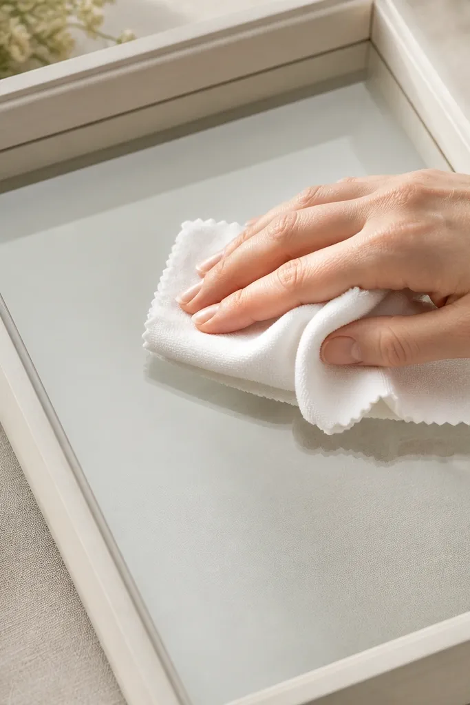 A close-up showing a microfiber cloth wiping the inside of a wedding card frame glass before the card is mounted.