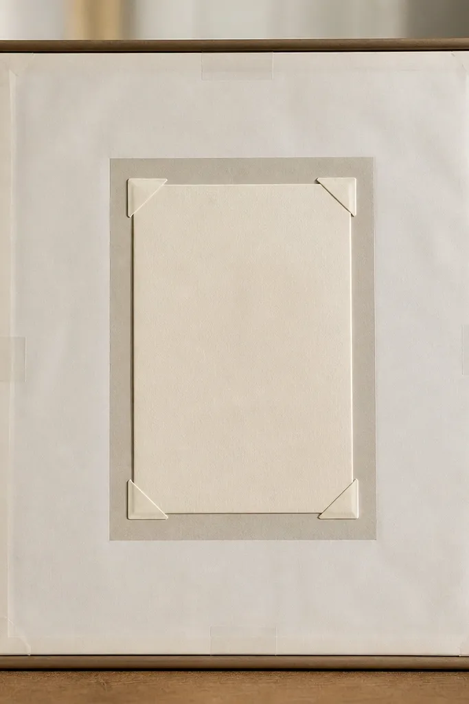 Back view of a wedding card frame. The card is held with small archival corner tabs on an acid-free backing board. Over the backing is a clean off-white paper dust cover, taped neatly at the frame edges with light pressure, with no tape touching the card surface.