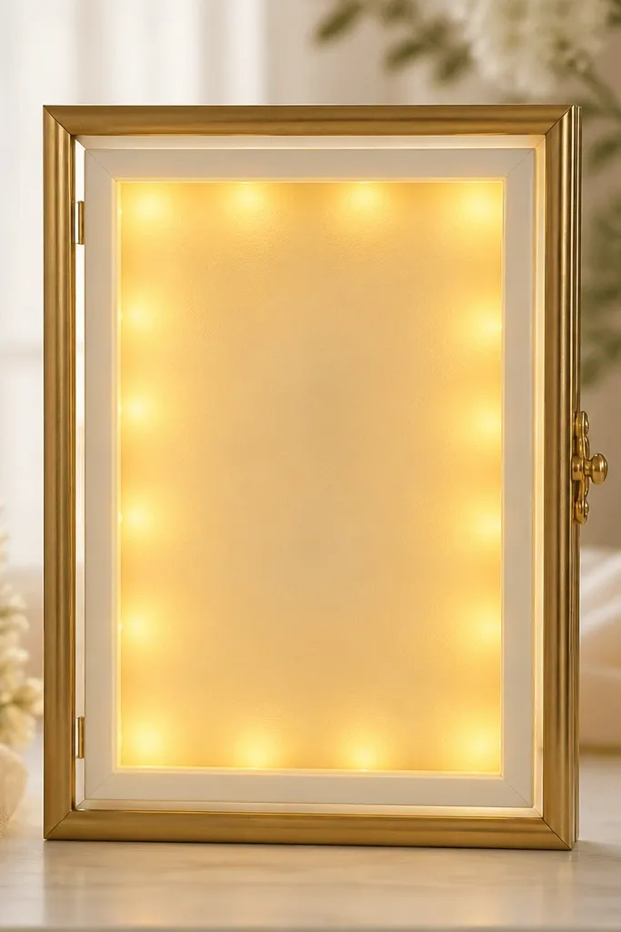 A gold wedding card frame with a clear front panel. Warm yellow LEDs glow evenly across the insert area, and the card sits centered with a thin white backing mat behind it.