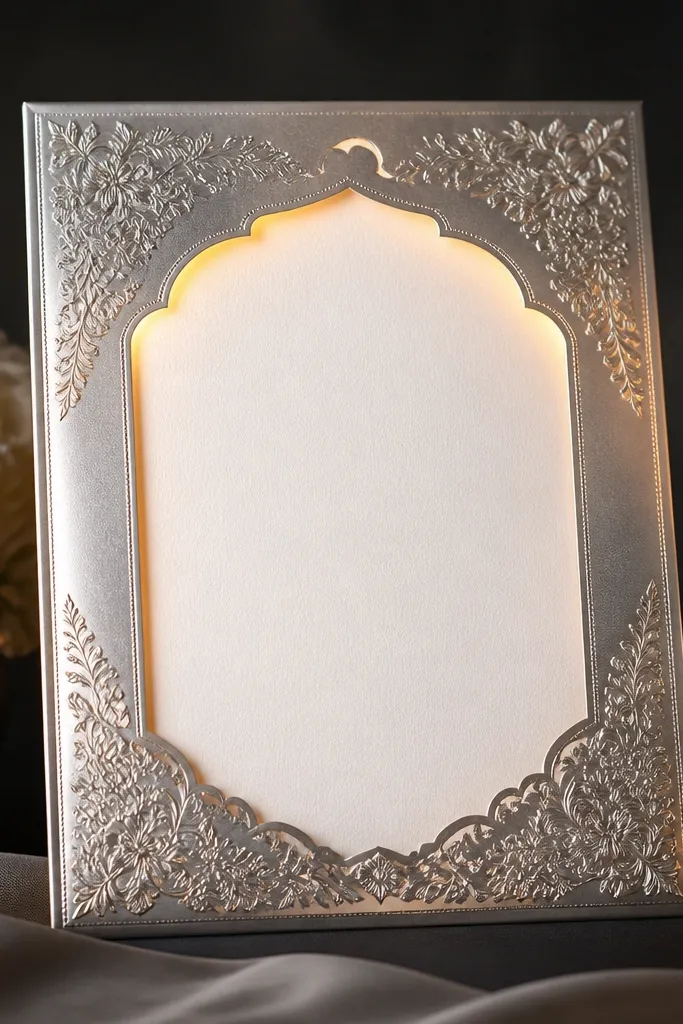 A silver wedding card frame with warm lights glowing over a dark charcoal backing. The card insert stands out sharply, and the glow looks more dramatic and controlled.