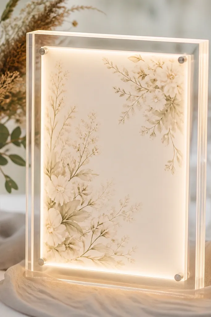 A clear acrylic wedding card frame with a glowing panel behind the insert. The LEDs are hidden inside the sides, and the light looks like a smooth backlight behind the paper.