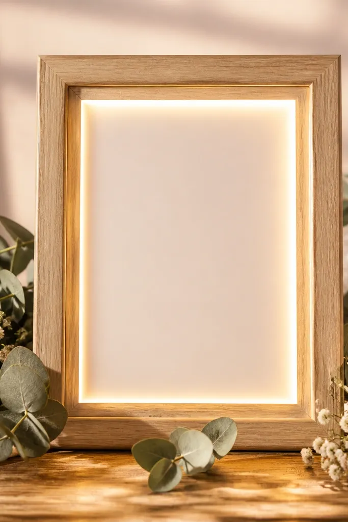 A light wood wedding card frame with warm LED glow. Fresh eucalyptus and small white flowers sit around the base, and the light looks soft against the wood grain.