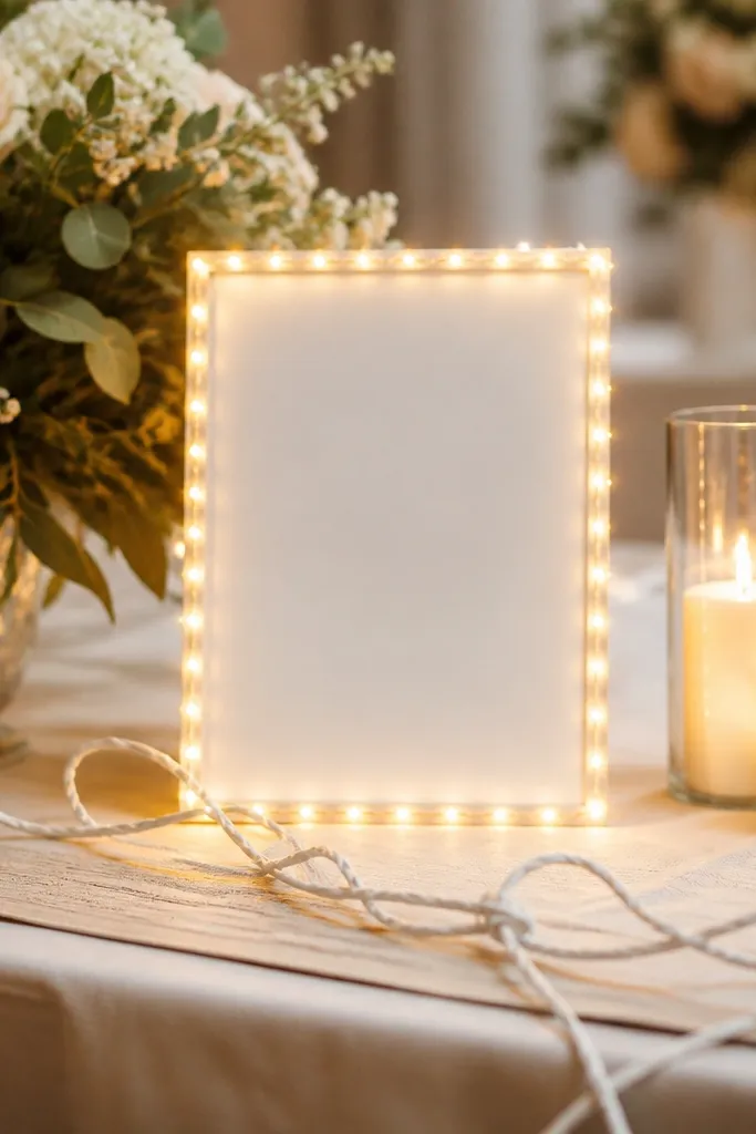 A wedding card frame with lights where the power cord crosses the table runner. The cord is visible and creates a tangled look in front of the glowing frame.