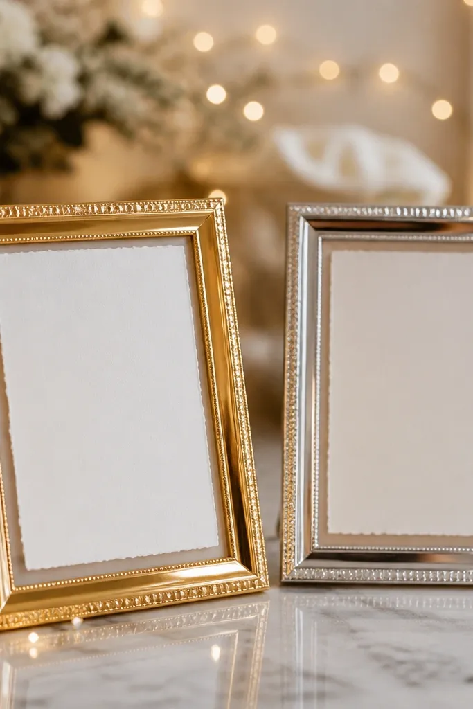 Two wedding card frames with lights on the same table. One is gold and the other is silver, and the mixed metals catch light differently, creating uneven shine.