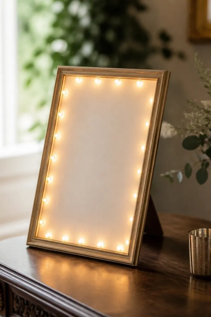 A wedding card frame with lights placed on the entry table but turned slightly away from the photographer. The glow is visible, while the card text is partially turned off-axis.