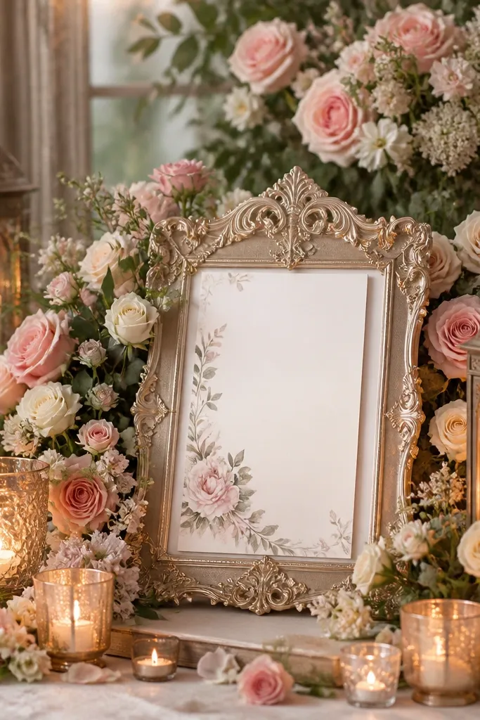 A glowing wedding card frame surrounded by heavy floral arrangements, extra signage, and multiple small lights. The glow is lost under the decor and the card insert looks secondary.