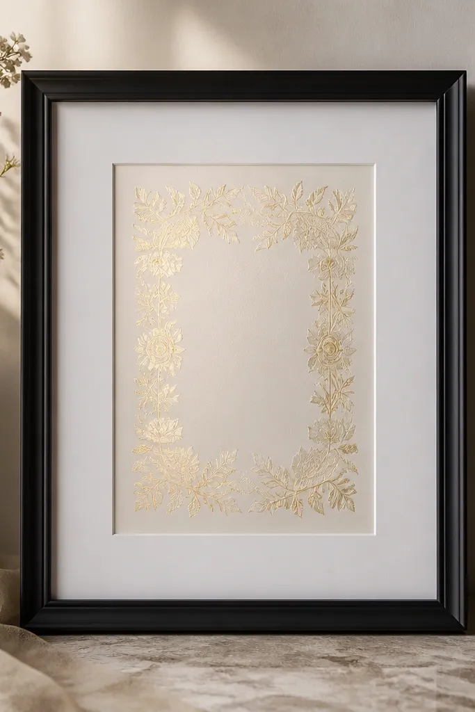A black classic frame with matte glass (or anti-glare glass). A gold-foil wedding invitation sits centered on a white mat. The foil catches light without creating harsh reflections.