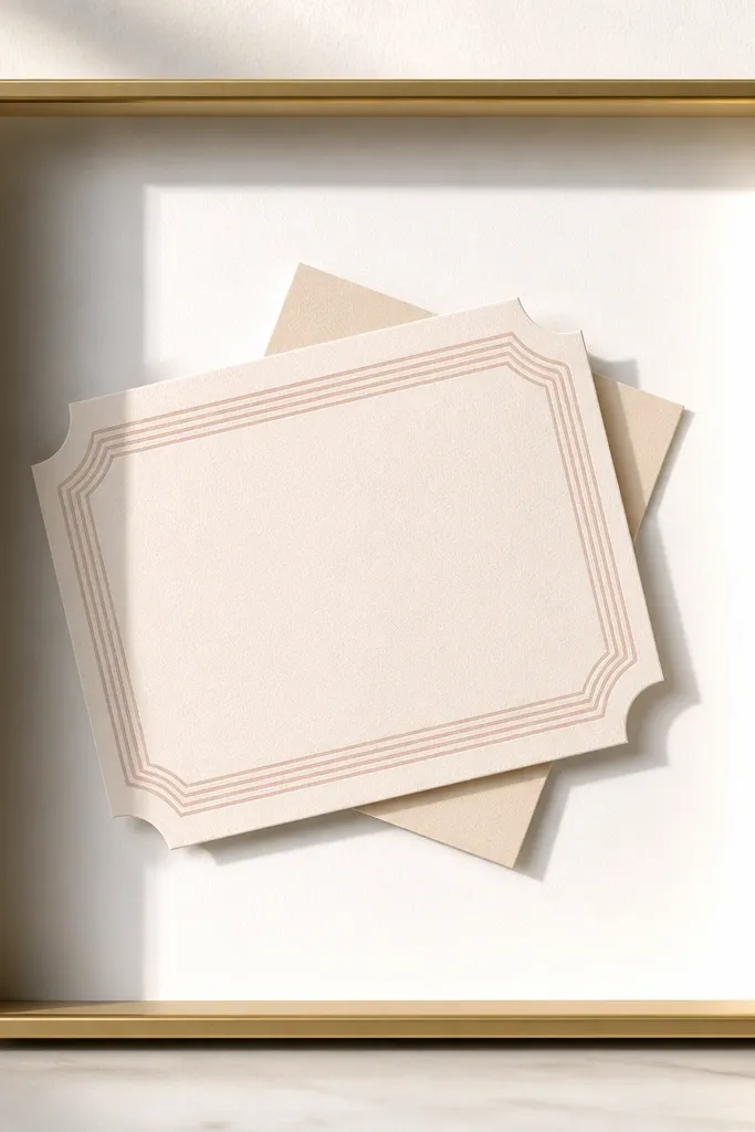 A shadow box with white backing and a thin gold frame. A save-the-date card with ticket-like stripes is placed at an angle, with a second small card behind it. The edges cast crisp shadows.