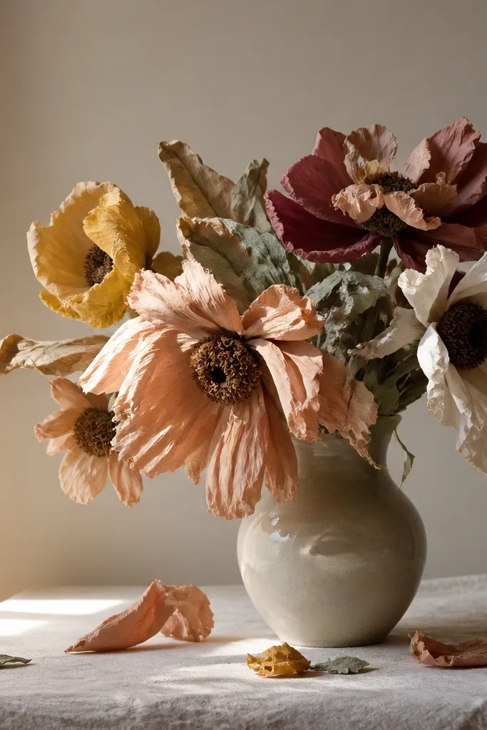 A bouquet of paper flowers on a table where the petals have drooped; the center looks warped and the paper edges curl upward.