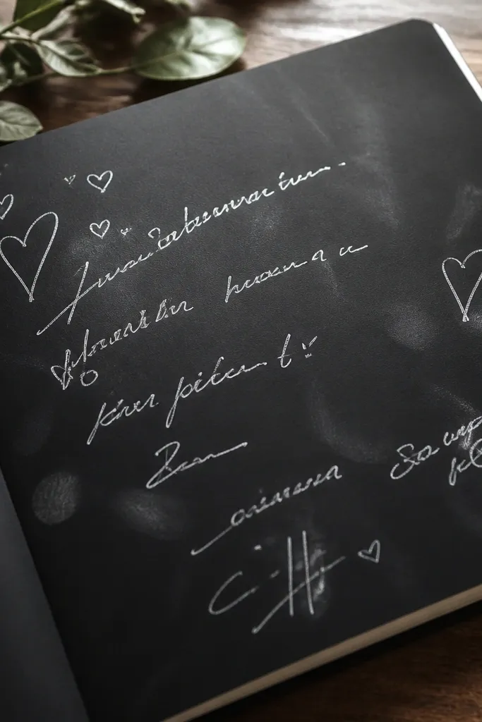 A guest book page with chalk marker text where letters have faint grey smudges and the writing looks streaky; fingerprints are visible.