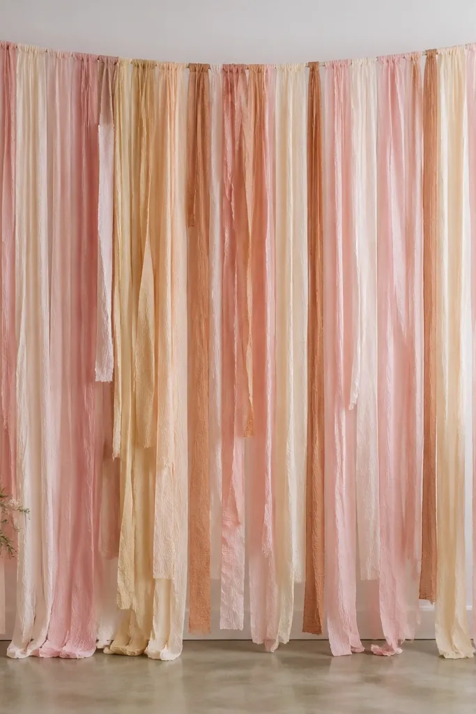 A crepe paper backdrop hanging behind a photo area where the streamers droop unevenly; some sections hang lower and look wrinkled.