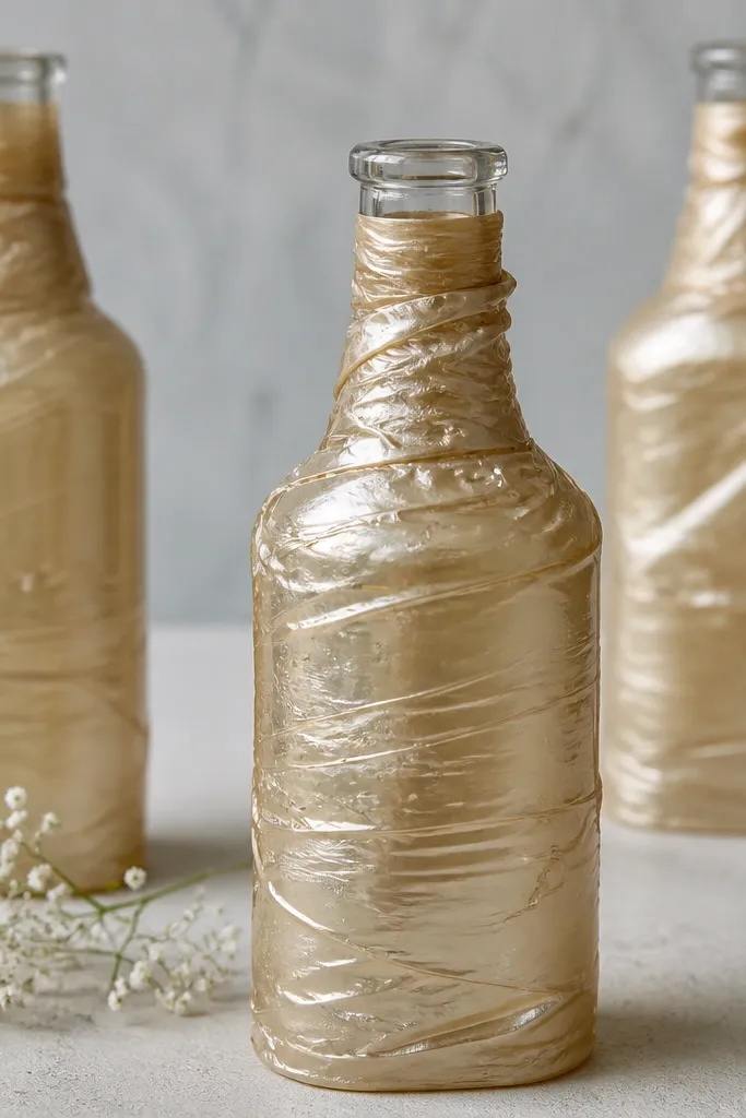 Decorative bottles wrapped with ribbon where the ribbon has small bubbles and wrinkles; the wrap looks uneven around the neck.