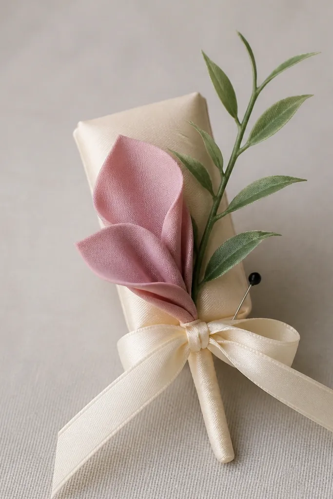 A groom boutonniere made from a small white foam block wrapped in cream satin, with two dusty-rose fabric petals and a thin sprig of green silk leaves pinned on the side; a satin ribbon tail is tied neatly around the base.