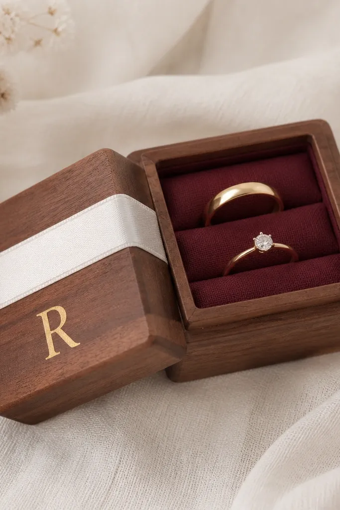 A small square wooden ring box with a white satin ribbon band across the lid and a gold-foil initial on top; inside is a deep burgundy fabric liner with two ring cutouts.