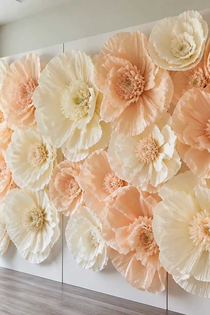 A wall of large crepe paper flowers mounted on foam board panels, with layered petals in ivory and peach; the stems are tucked behind and the panel edges are clean.