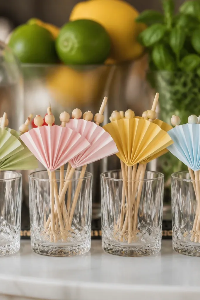 Small paper fan flags attached to cocktail stirrers, with different colors for drink types and simple printed labels; they line up neatly at a bar setup.