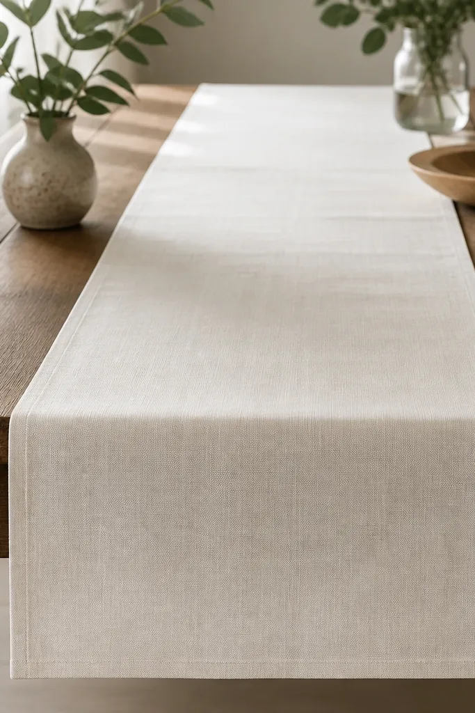A long off-white fabric table runner with clean edges and a subtle linen texture, stretched straight across a table; the ends show neat hem tape seams.