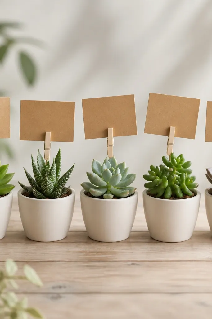 Small kraft cards paired with miniature potted succulents, each card clipped to a mini pot with a clothespin; the succulents sit in uniform pots.
