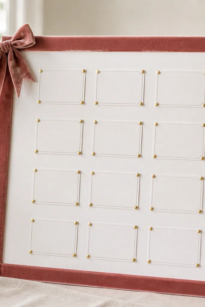 A seating chart on a large white poster board with a thick velvet ribbon frame in dusty rose, black printed labels mounted in neat rows, and small gold push pins at the corners. The background is smooth and matte, photographed on a table with soft window light.