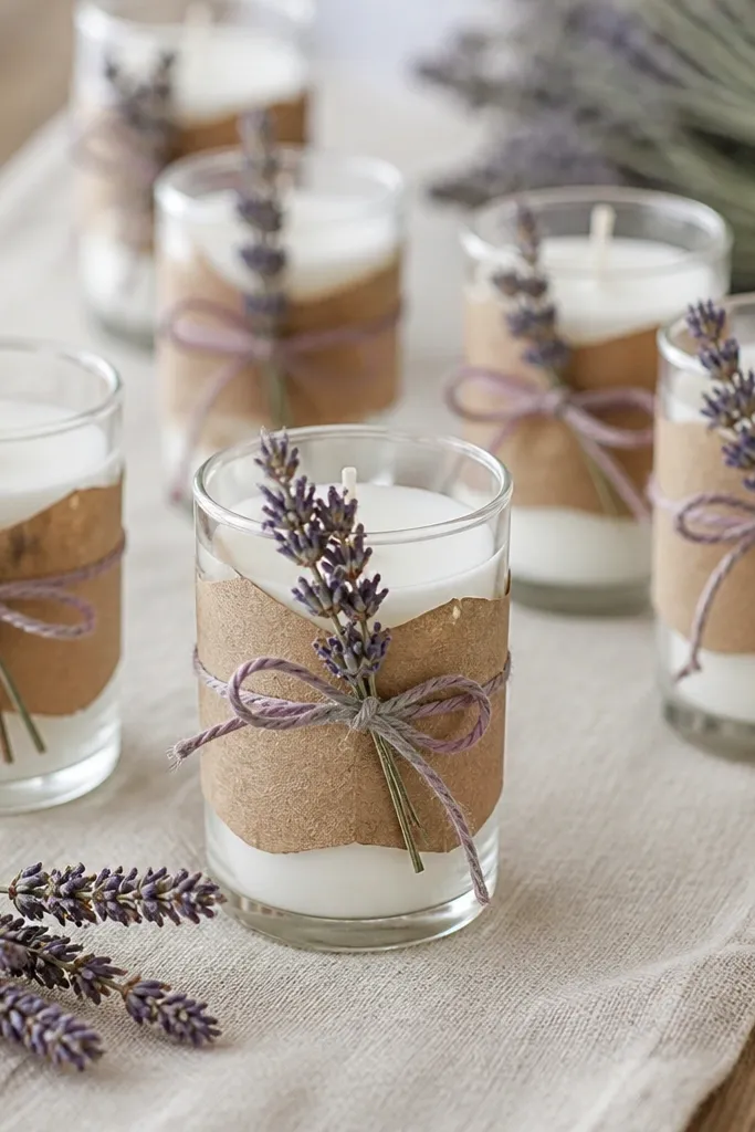 Small white votive candles in glass holders with handmade kraft paper labels tied with pale lavender twine. Dried lavender sprigs are tucked into each label tie, and the candles sit on a linen runner.