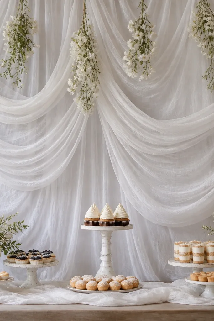 A dessert table with a backdrop made of white cheesecloth draped in soft swags behind a dessert stand. Small clusters of faux white flowers hang along the top, and the photo is shot straight-on so the fabric movement is visible.